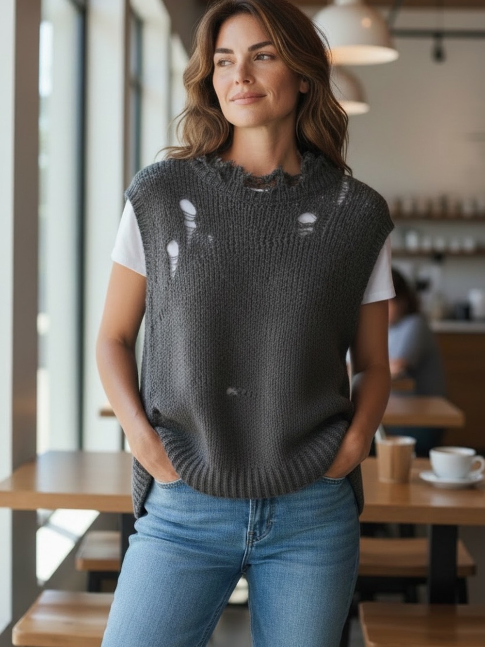 Topshop Gray Crew Neck Sweater Distressed Knit